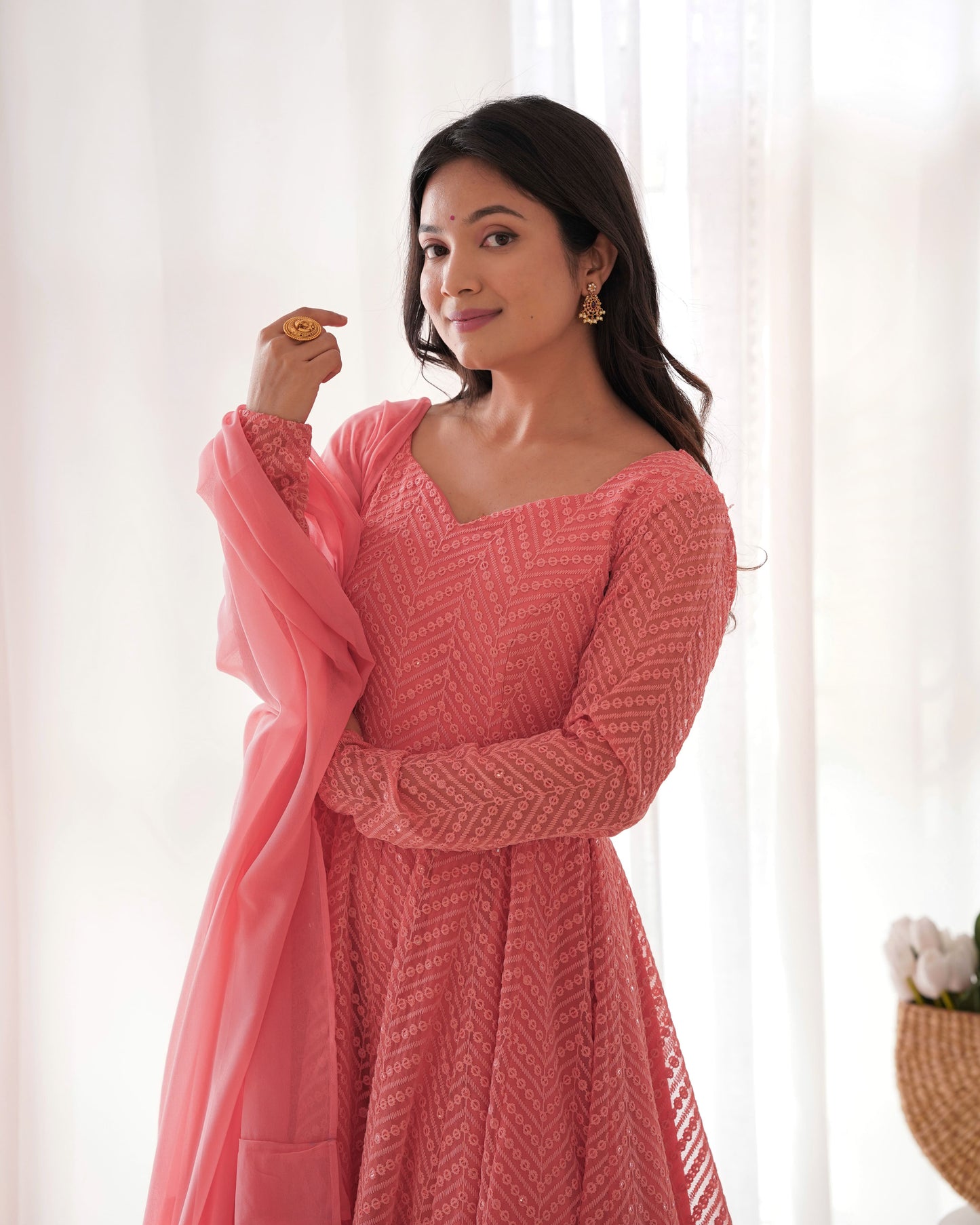 Fully Flared Kali Kurti with Ruffle Dupatta and Ready-to-Wear Pant