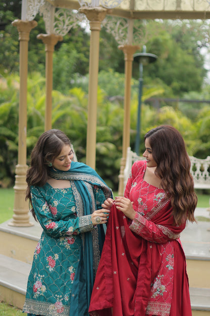 Floral Chinon Silk with Sequin & Thread Work Dupatta