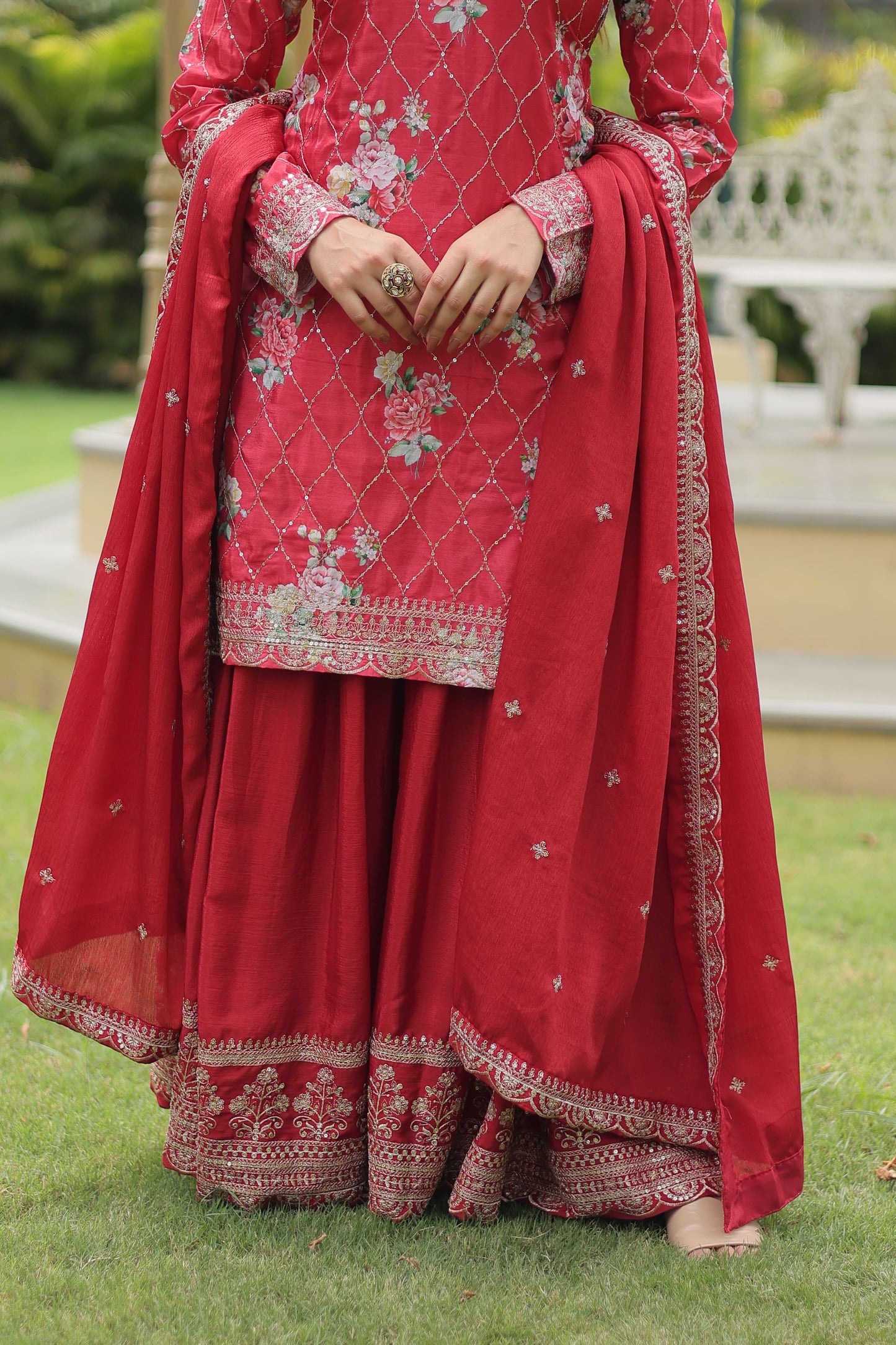 Floral Chinon Silk with Sequin & Thread Work Dupatta