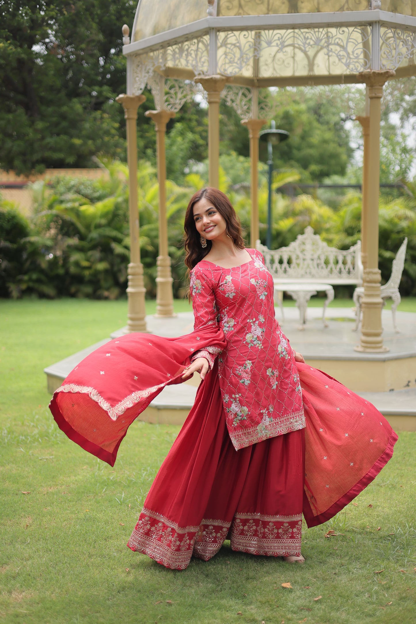 Floral Chinon Silk with Sequin & Thread Work Dupatta