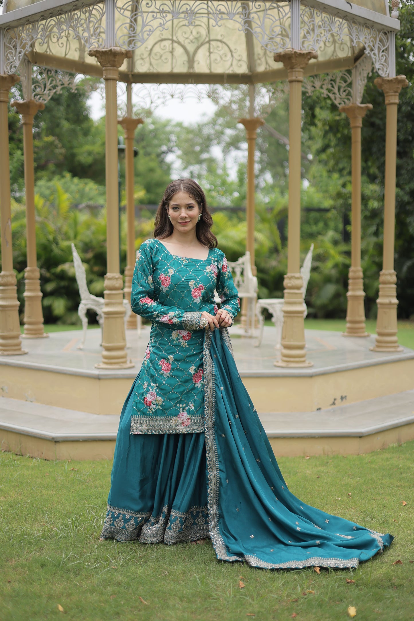 Floral Chinon Silk with Sequin & Thread Work Dupatta