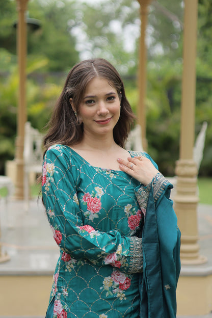 Floral Chinon Silk with Sequin & Thread Work Dupatta