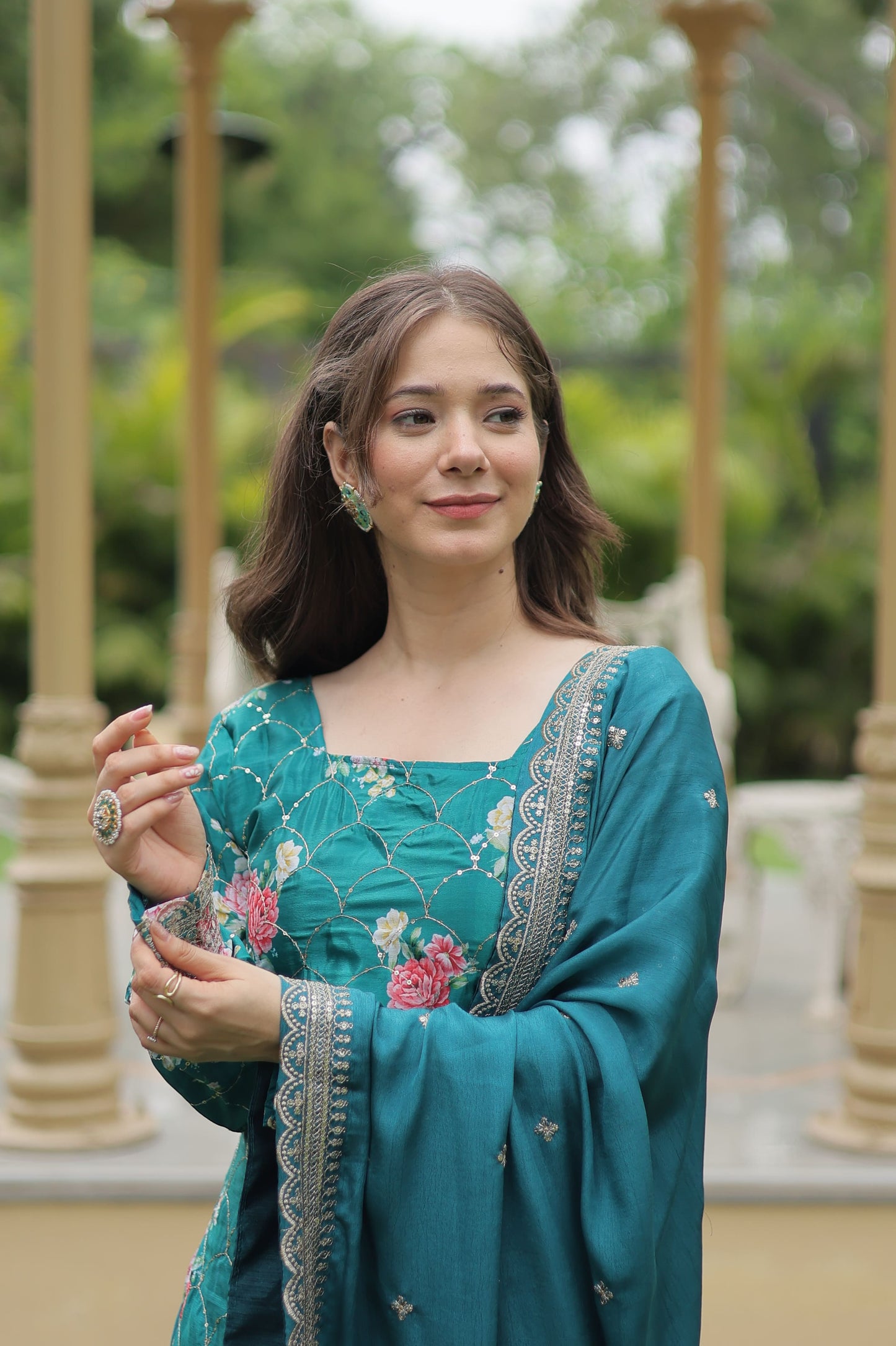 Floral Chinon Silk with Sequin & Thread Work Dupatta