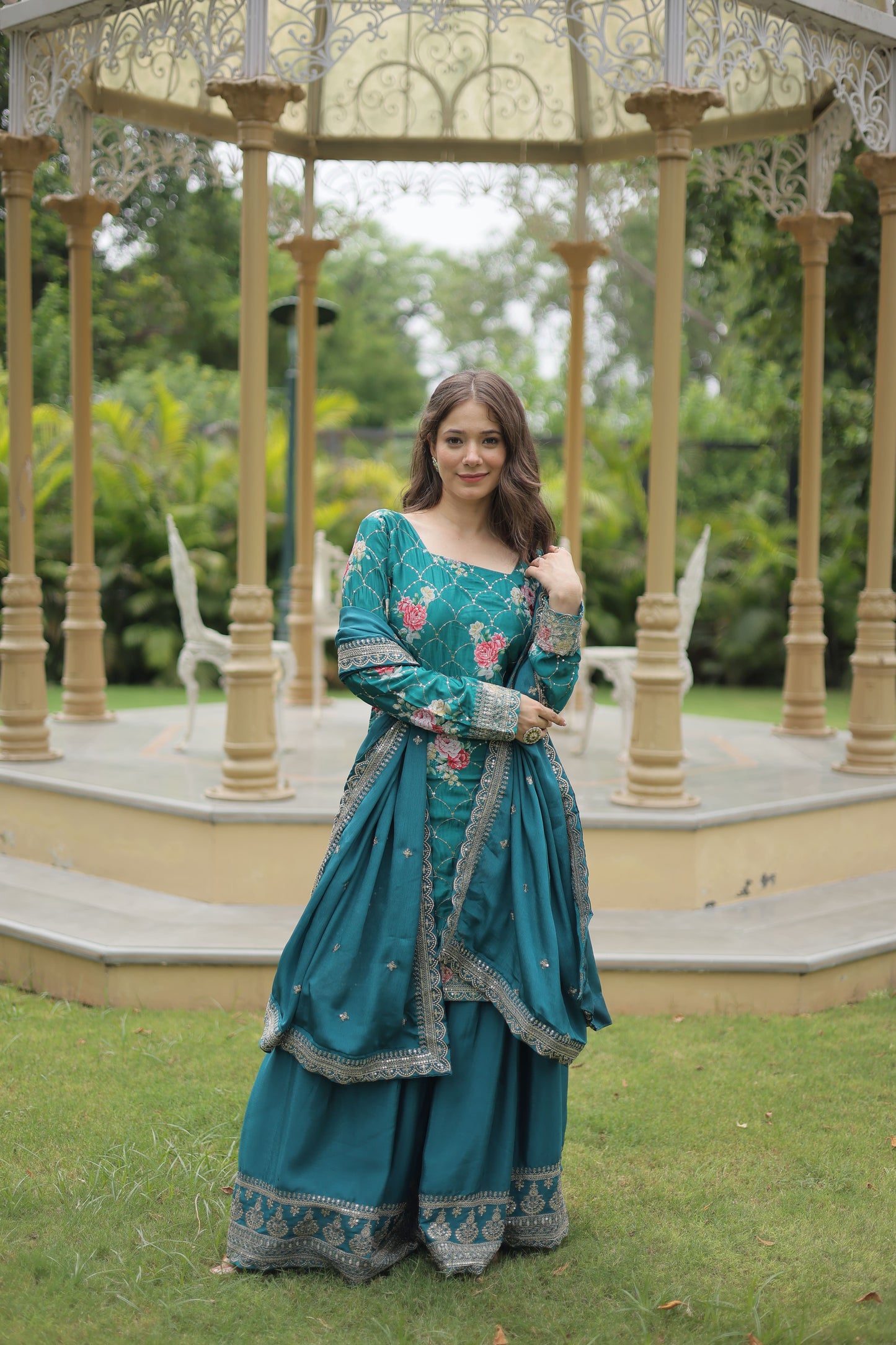 Floral Chinon Silk with Sequin & Thread Work Dupatta