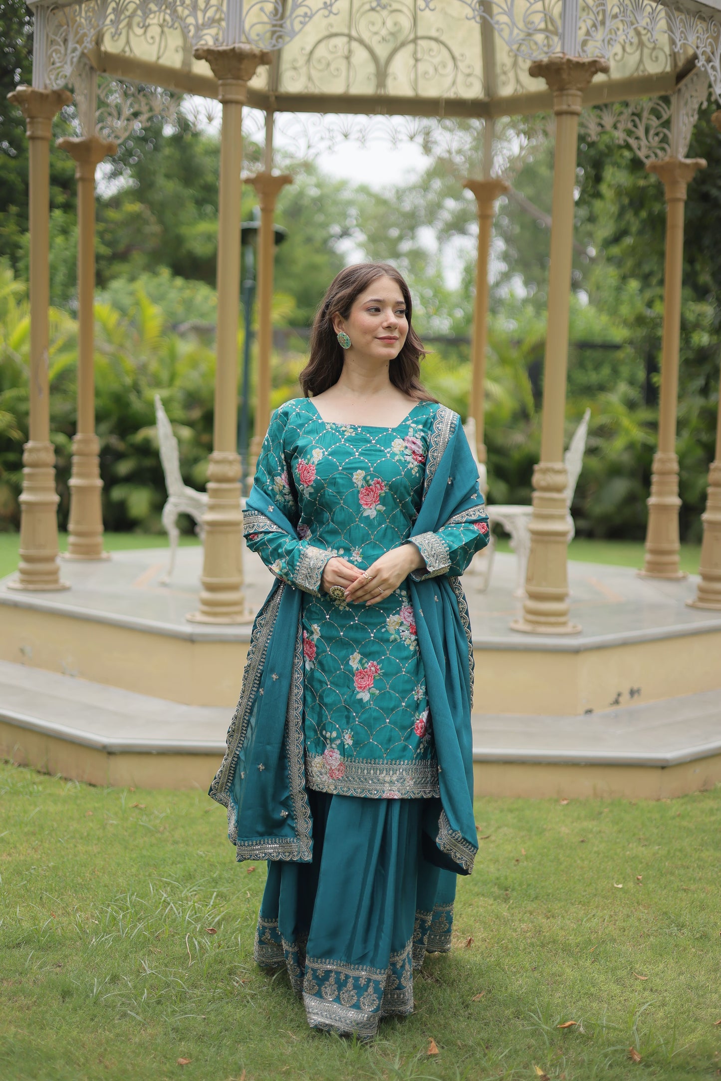 Floral Chinon Silk with Sequin & Thread Work Dupatta