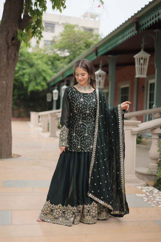 Rangoli Silk Embroidered Kurta-Palazzo Set with Heavy Sequin Work Dupatta