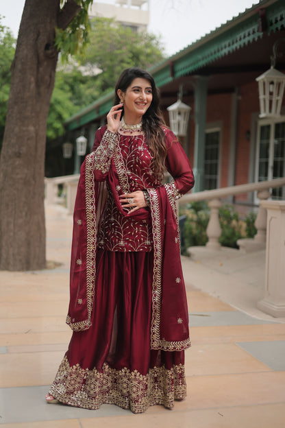 Rangoli Silk Embroidered Kurta-Palazzo Set with Heavy Sequin Work Dupatta