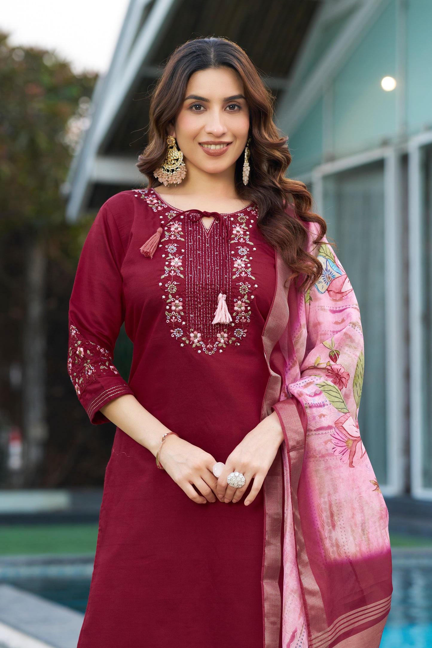 Elegant Viscose Silk Kurti Pant Dupatta Set