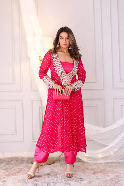 Noorani Chinon Kurti Set with Real Mirror & Digital Embroidery