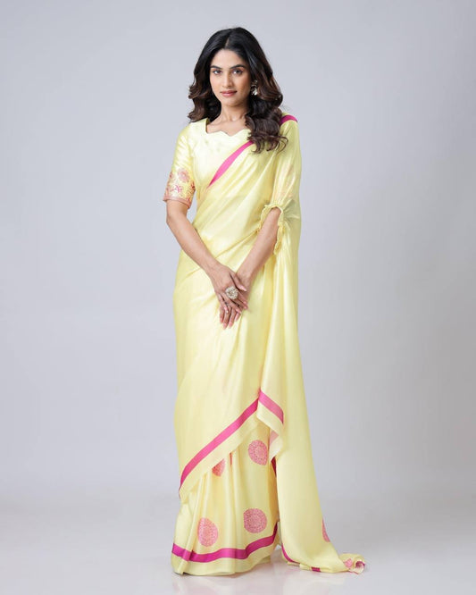 Sunlit Bloom Yellow Saree with Pink Grace