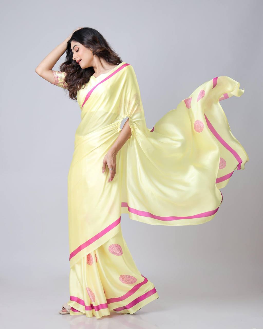 Sunlit Bloom Yellow Saree with Pink Grace