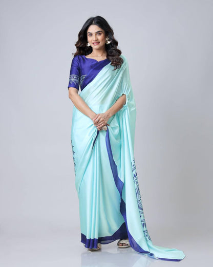 Sea Mist Satin Aqua Statement Saree