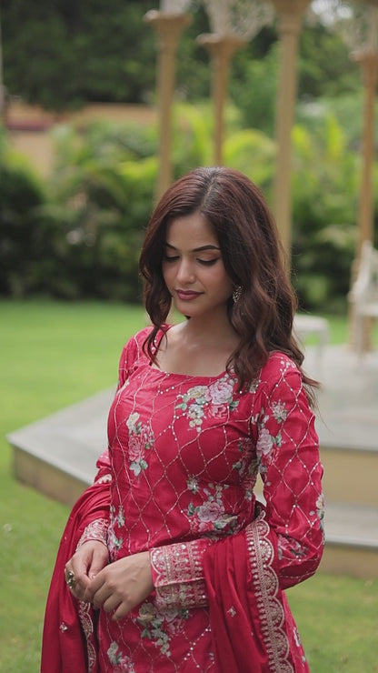 Floral Chinon Silk with Sequin & Thread Work Dupatta