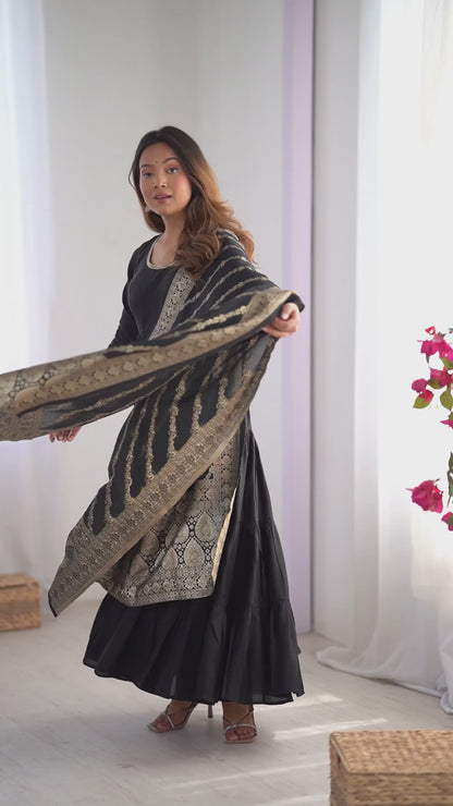 Tiered Anarkali Set in RomanSilk Chanderi with Brocade Dupatta