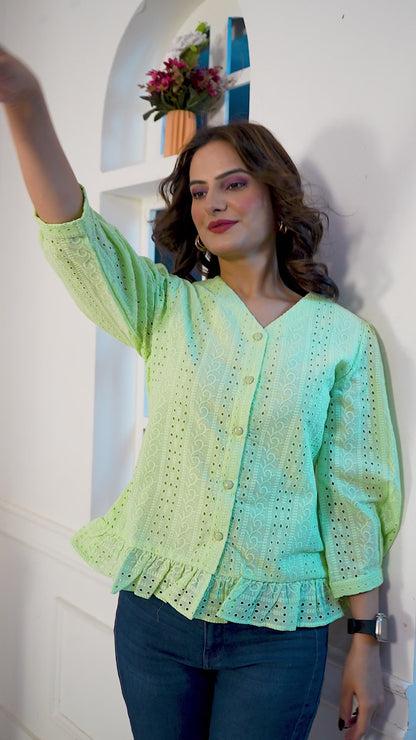 Bloom Ruffle Hem Shiffli Shirt