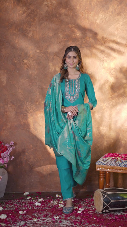 Elegant Marina Silk Straight Kurti Pant Dupatta Set
