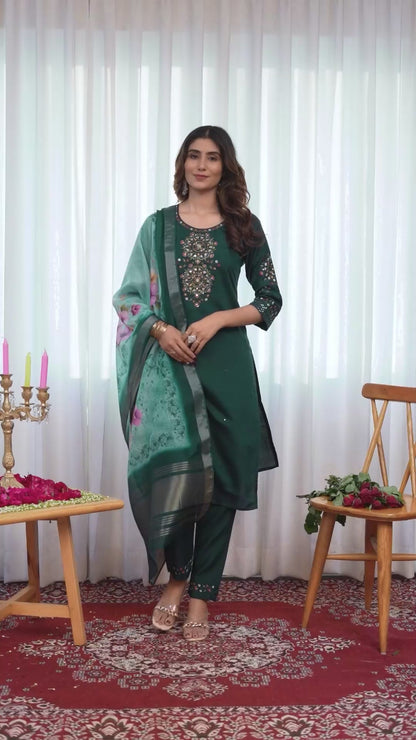 Elegant Embroidered Straight Suit with Printed Dupatta