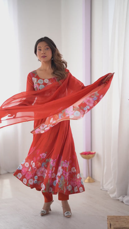 Floral Organza Silk Kali Anarkali Set with Dupatta