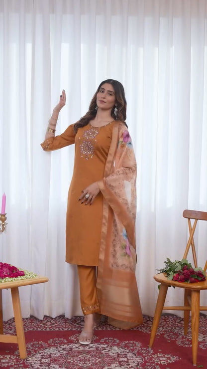 Elegant Embroidered Straight Suit with Printed Dupatta